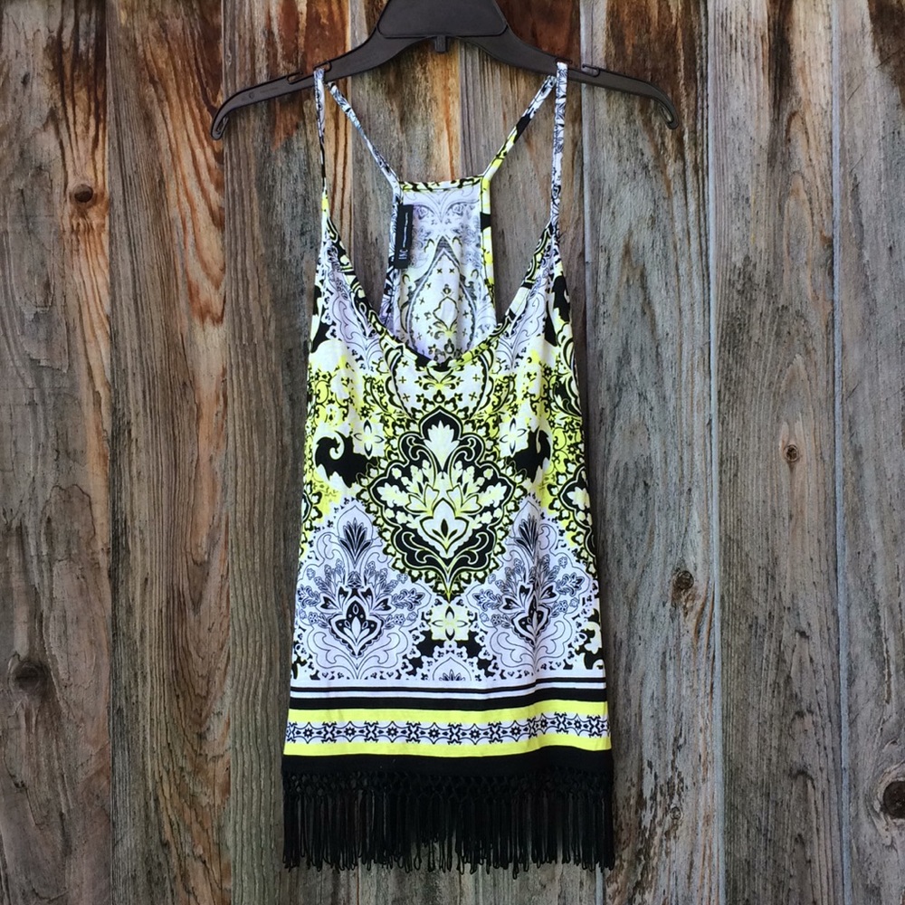 White INC floral tank top with fringes